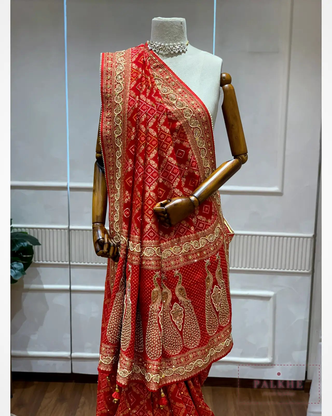 Red Pure Georgette Bandhej x Hand Embroidery