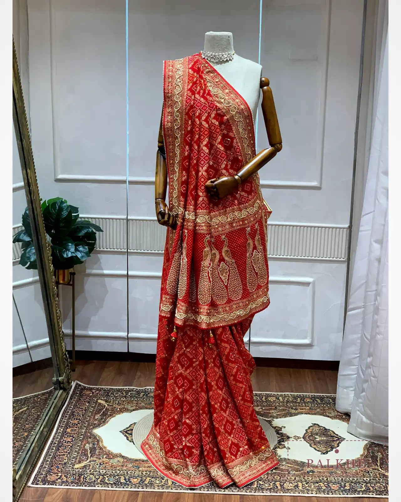 Red Pure Georgette Bandhej x Hand Embroidery