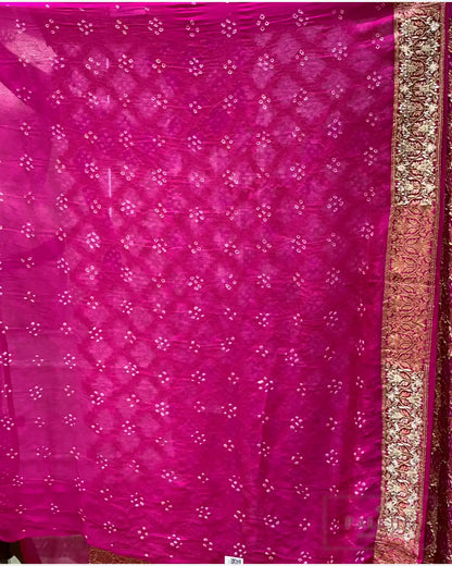 Pink Pure Georgette Bandhej x Hand Embroidery