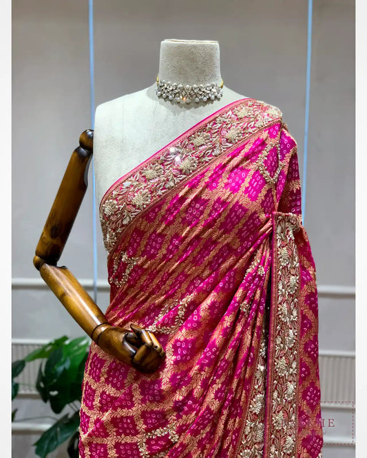 Pink Pure Georgette Bandhej x Hand Embroidery