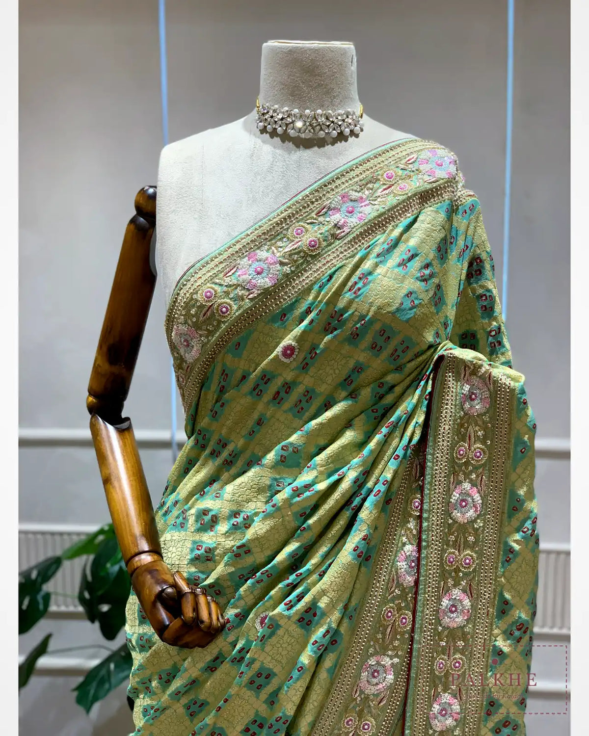 Olive Green Pure Georgette Bandhej x Hand Embroidery