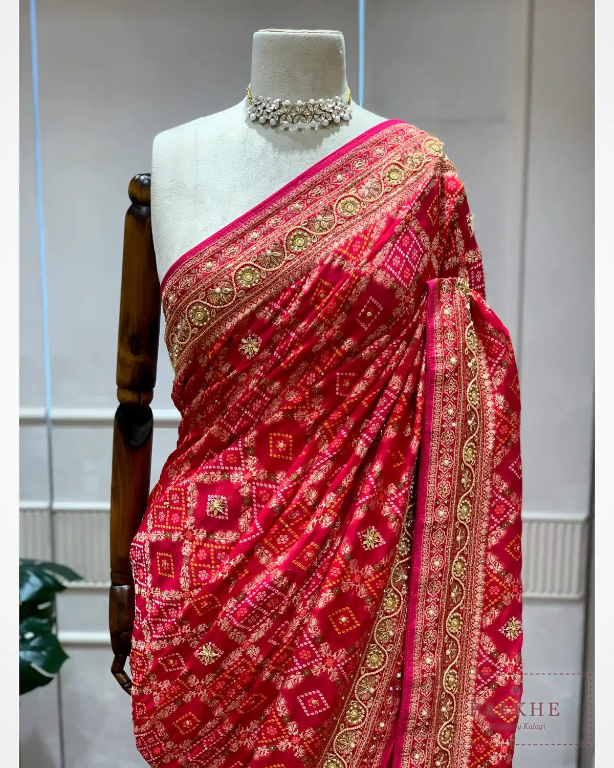 Rani Pink Pure Georgette Bandhej x Hand Embroidery