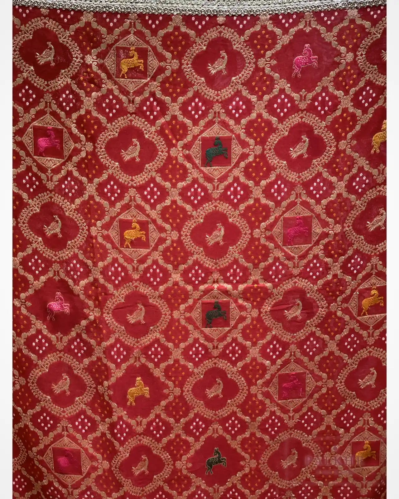 Red Animal Motifs Georgette Bandhej x Hand Embroidery