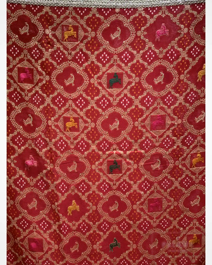 Red Animal Motifs Georgette Bandhej x Hand Embroidery