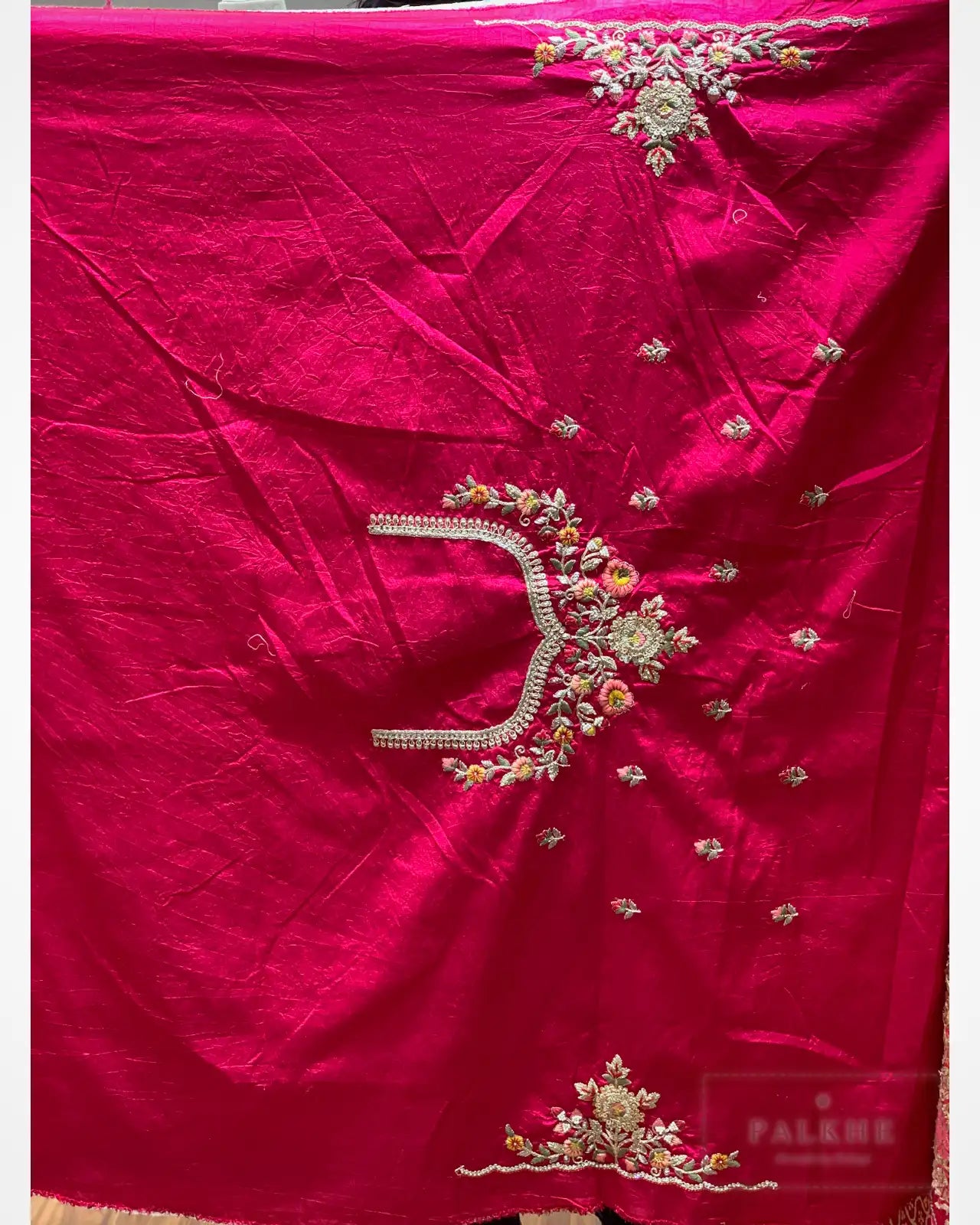 Rani Pink Georgette Bandhej x Hand Embroidery