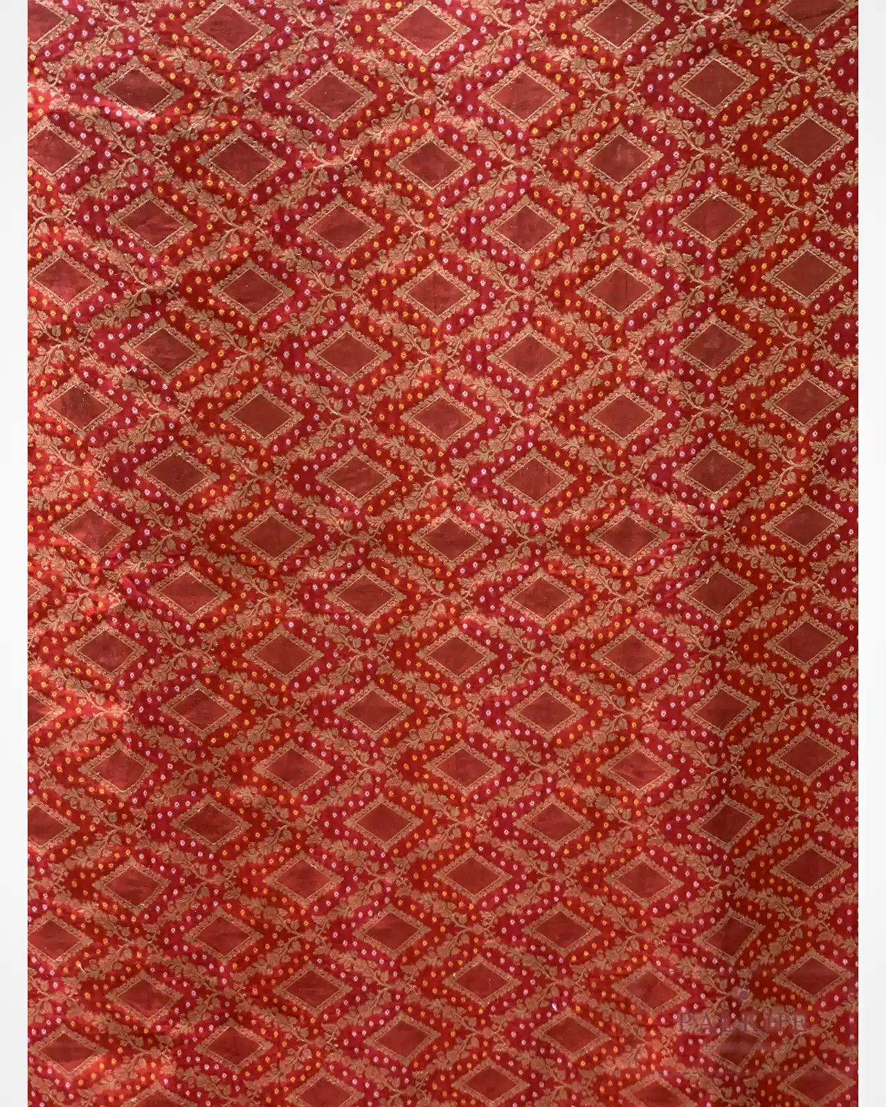 Red geometric Georgette Bandhej x Hand Embroidery