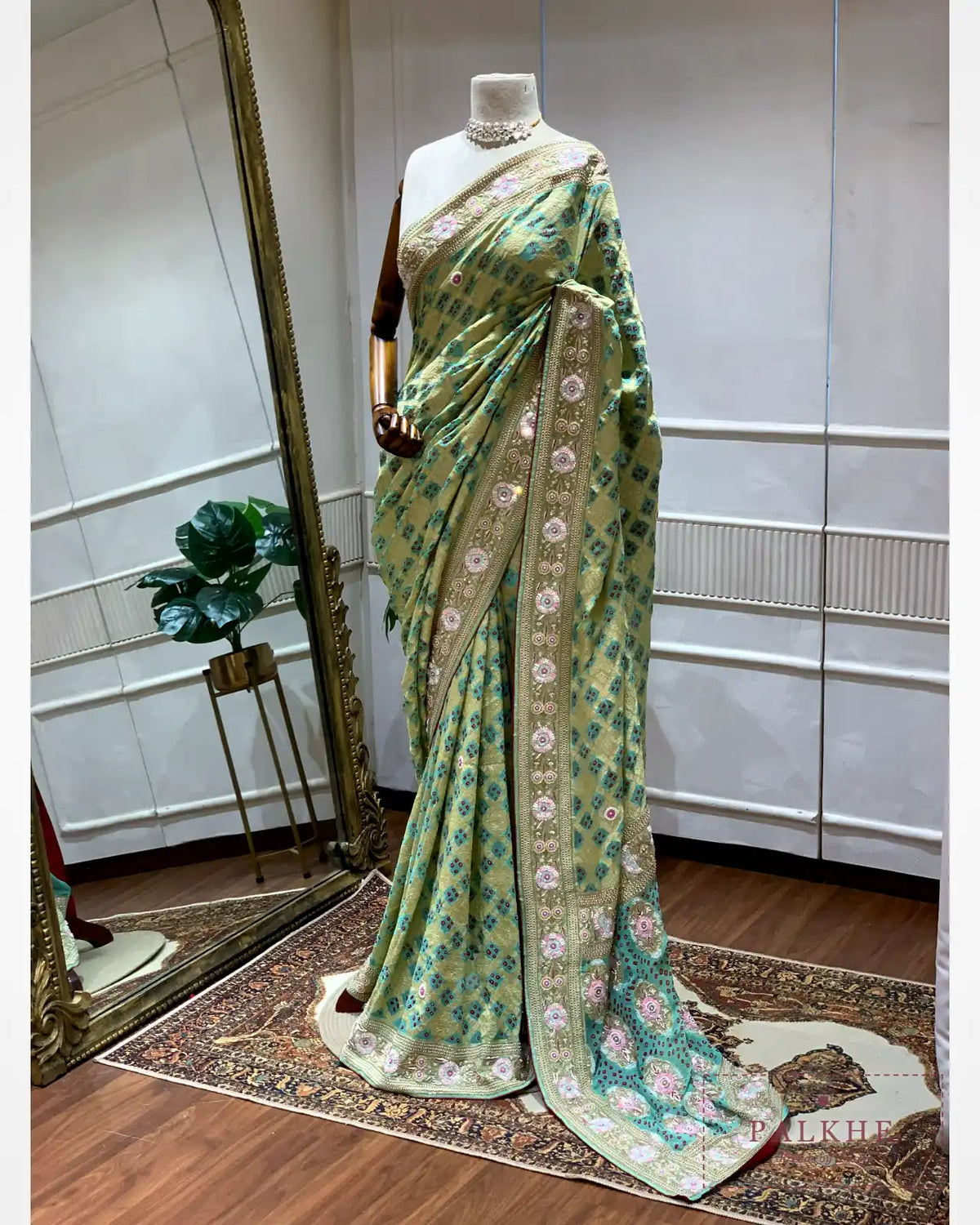 Olive Green Pure Georgette Bandhej x Hand Embroidery