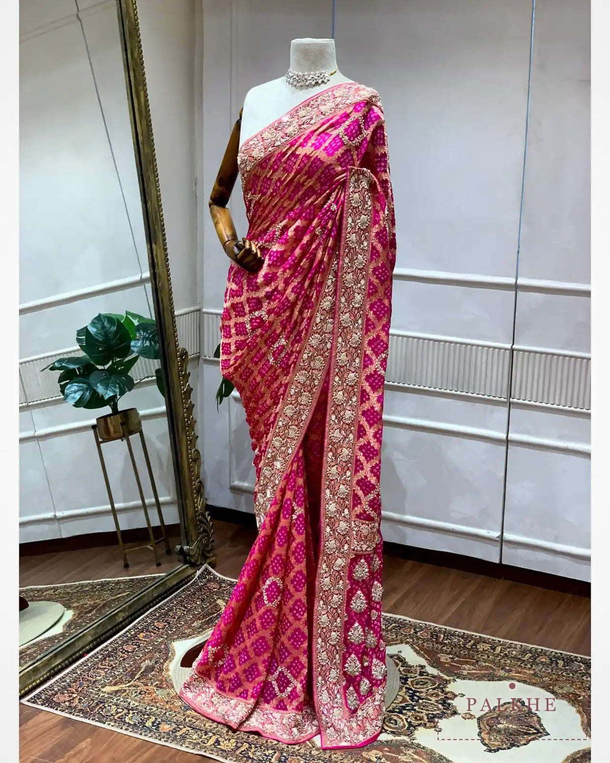 Pink Pure Georgette Bandhej x Hand Embroidery
