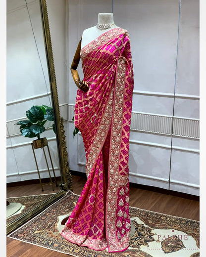 Pink Pure Georgette Bandhej x Hand Embroidery