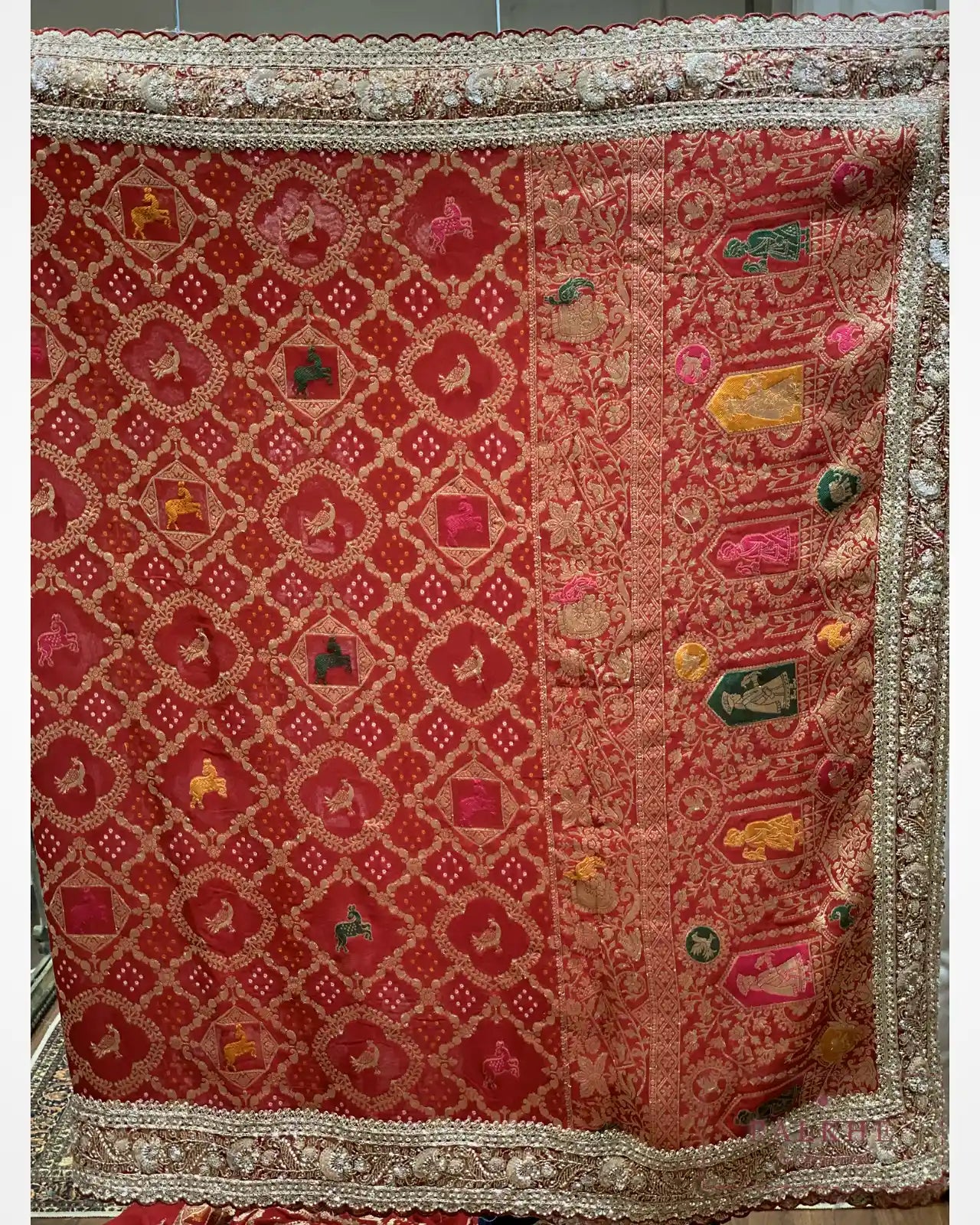 Red Animal Motifs Georgette Bandhej x Hand Embroidery
