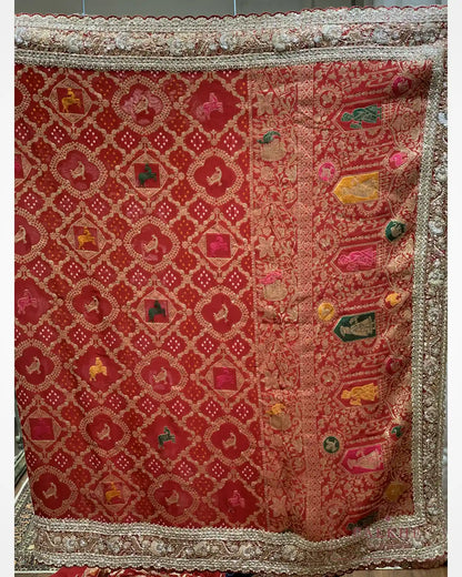 Red Animal Motifs Georgette Bandhej x Hand Embroidery