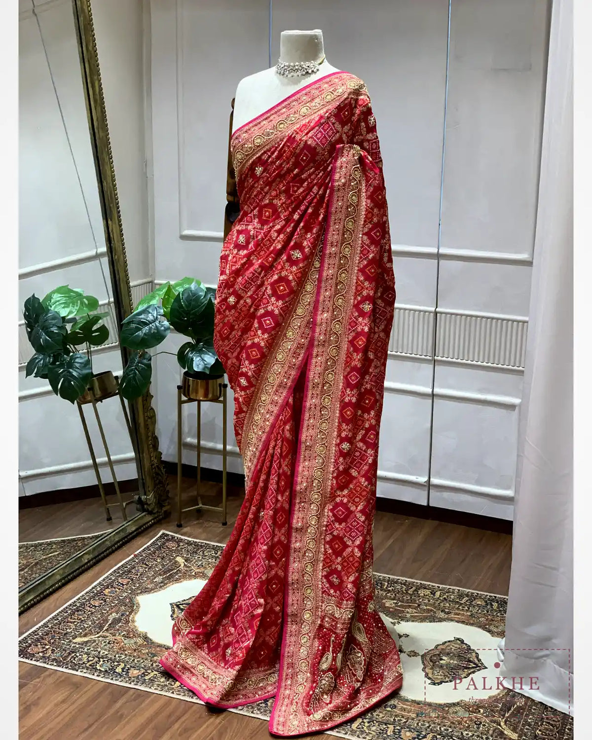 Rani Pink Pure Georgette Bandhej x Hand Embroidery