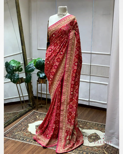 Rani Pink Pure Georgette Bandhej x Hand Embroidery