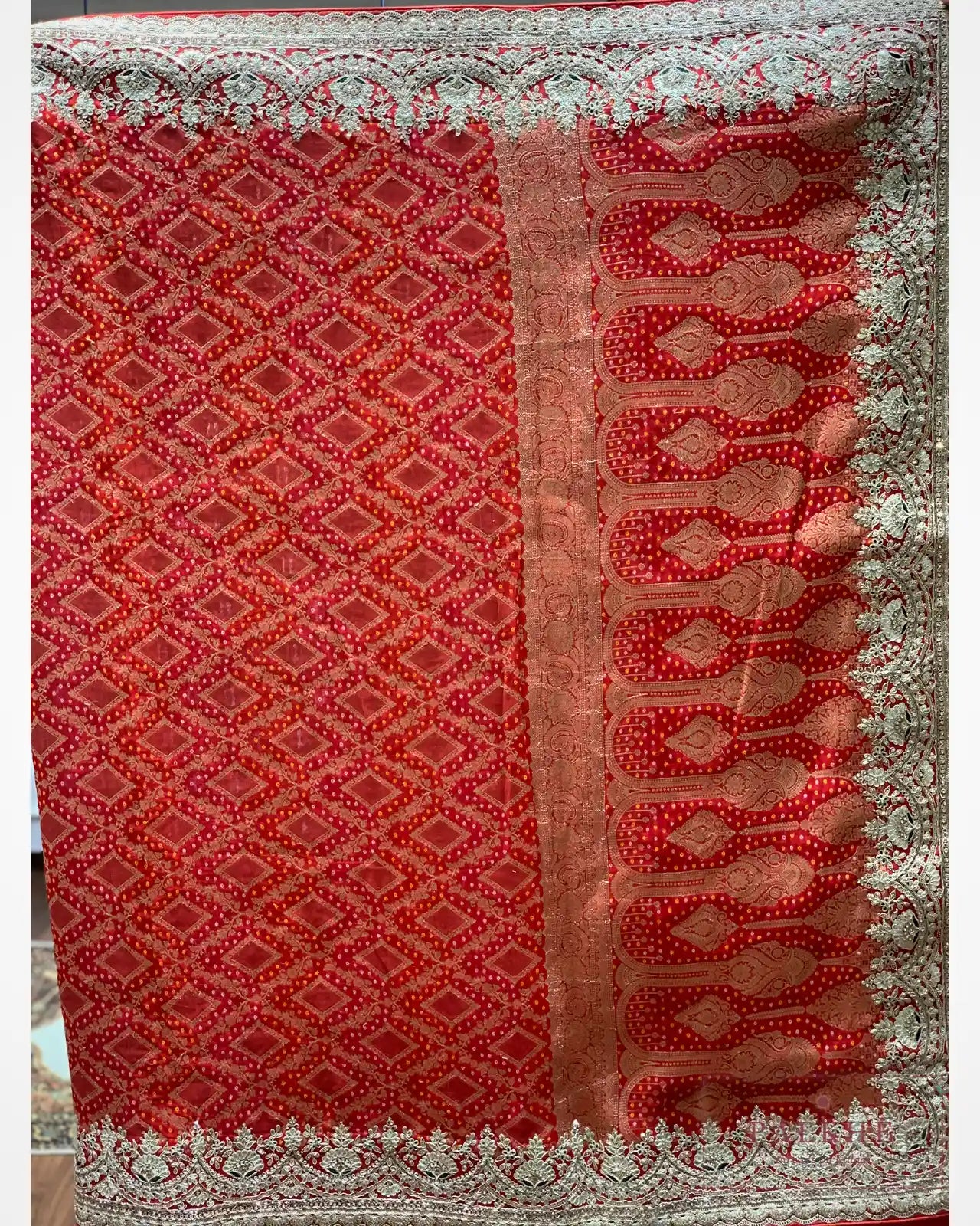 Red geometric Georgette Bandhej x Hand Embroidery