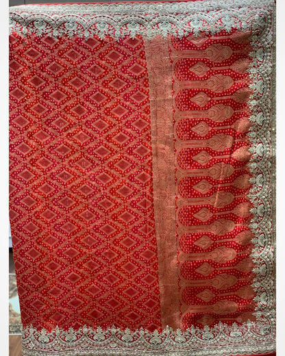 Red geometric Georgette Bandhej x Hand Embroidery