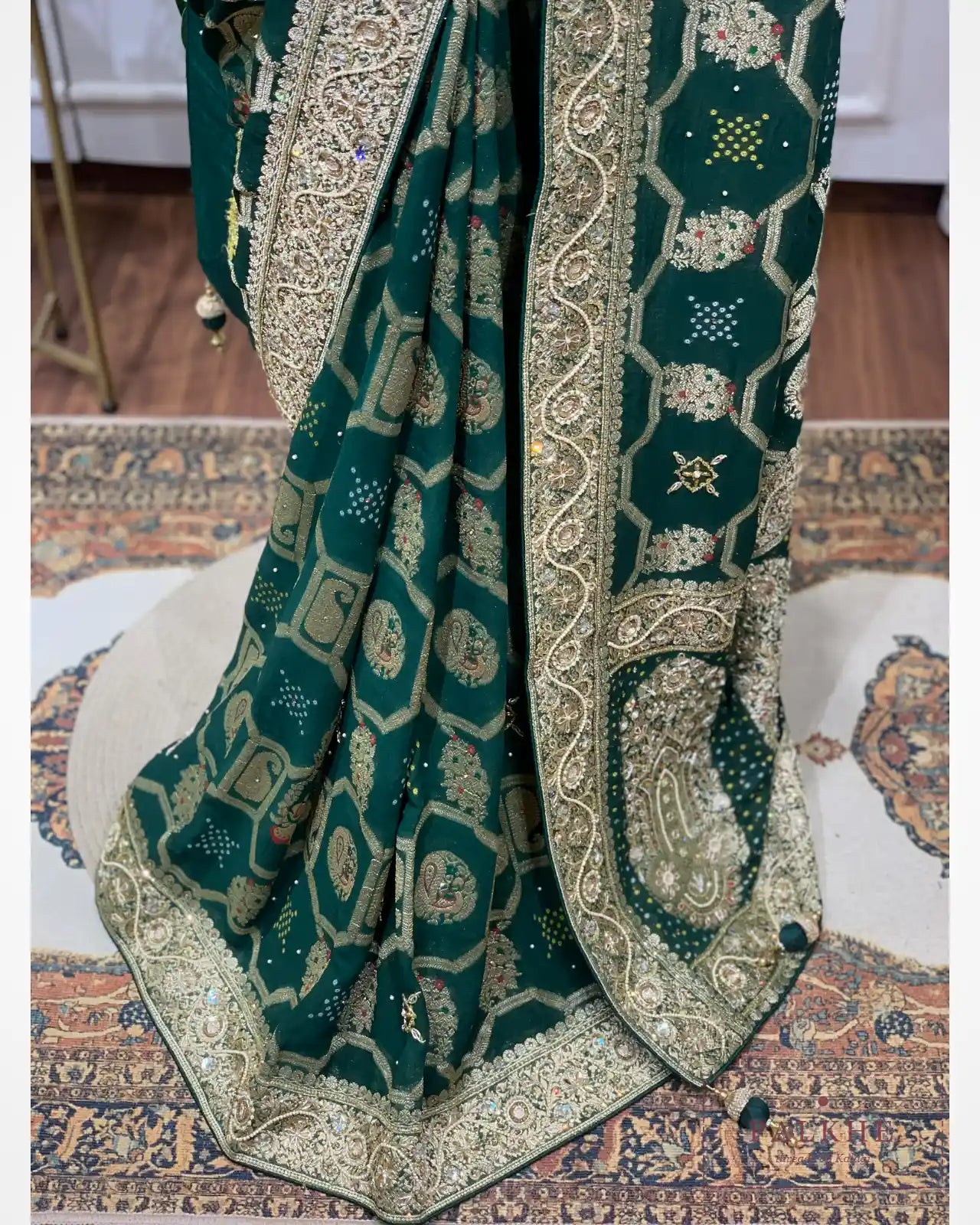 Bottle Green Georgette Bandhej x Hand Embroidery