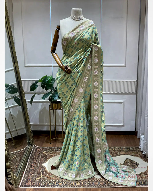 Olive Green Pure Georgette Bandhej x Hand Embroidery