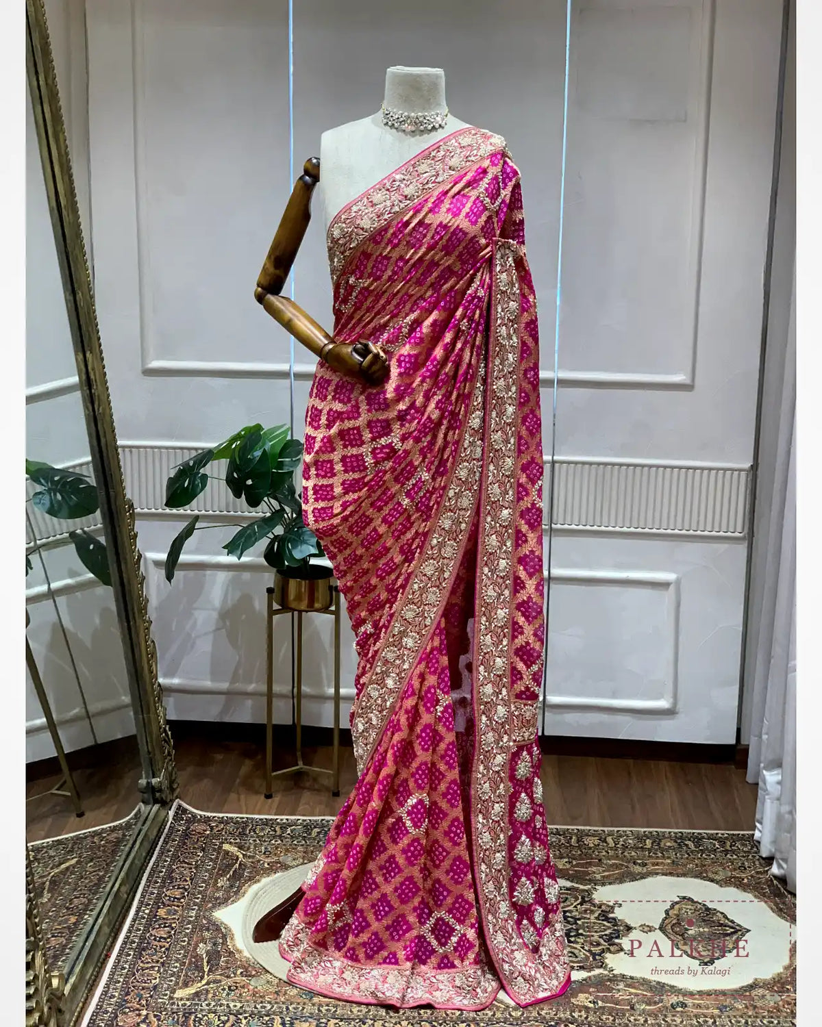 Pink Pure Georgette Bandhej x Hand Embroidery