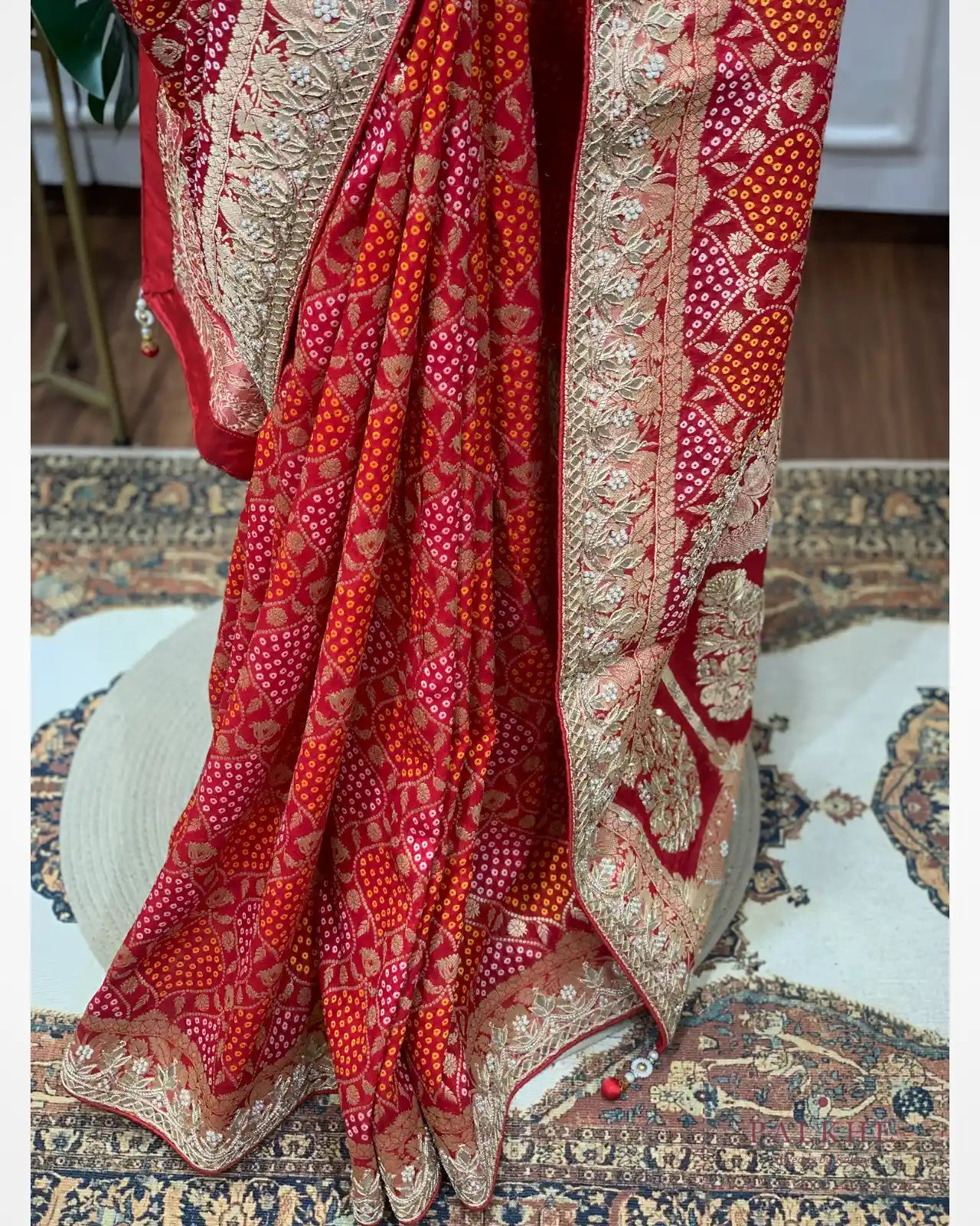 Pink Georgette Bandhej x Hand Embroidery