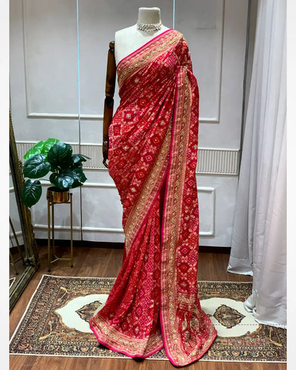 Rani Pink Pure Georgette Bandhej x Hand Embroidery