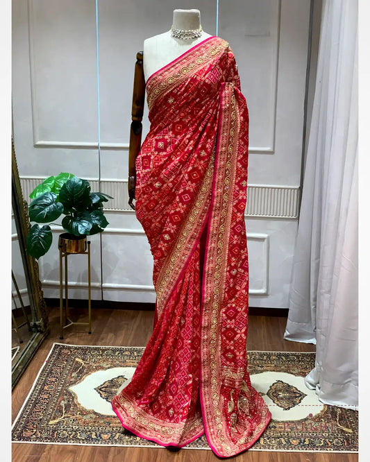 Rani Pink Pure Georgette Bandhej x Hand Embroidery