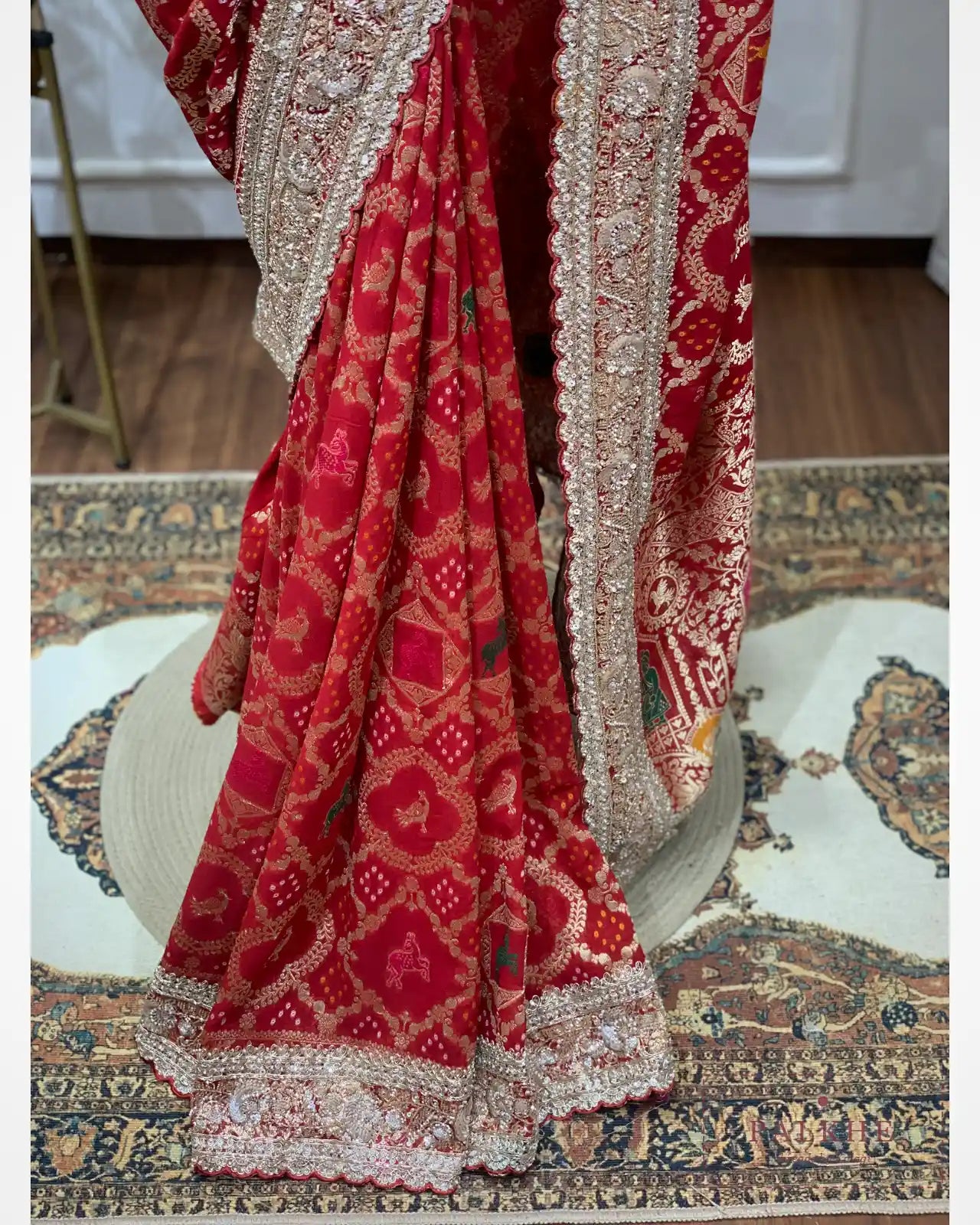 Red Animal Motifs Georgette Bandhej x Hand Embroidery