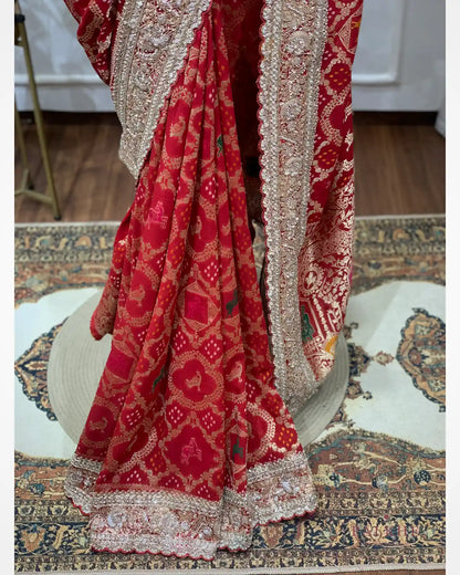 Red Animal Motifs Georgette Bandhej x Hand Embroidery
