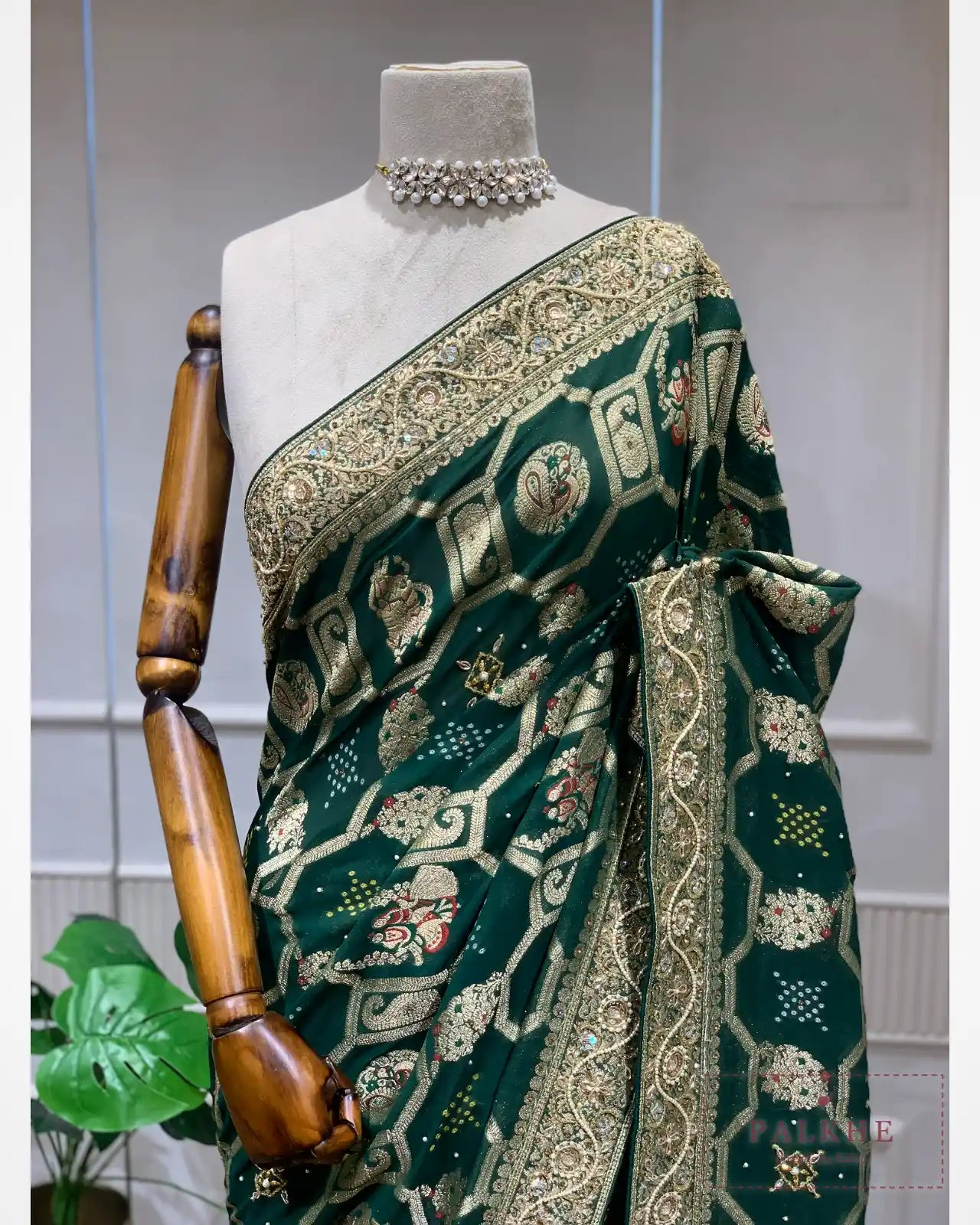 Bottle Green Georgette Bandhej x Hand Embroidery