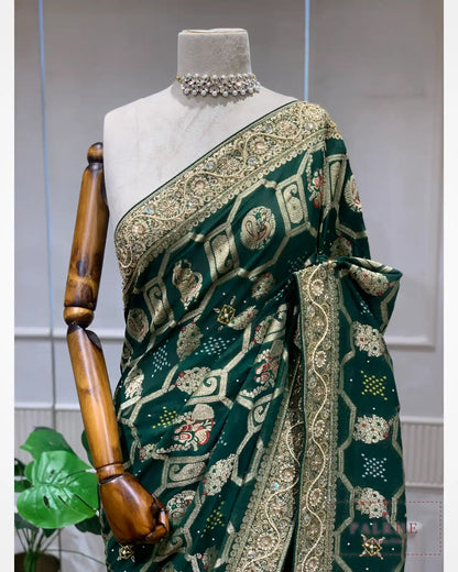 Bottle Green Georgette Bandhej x Hand Embroidery