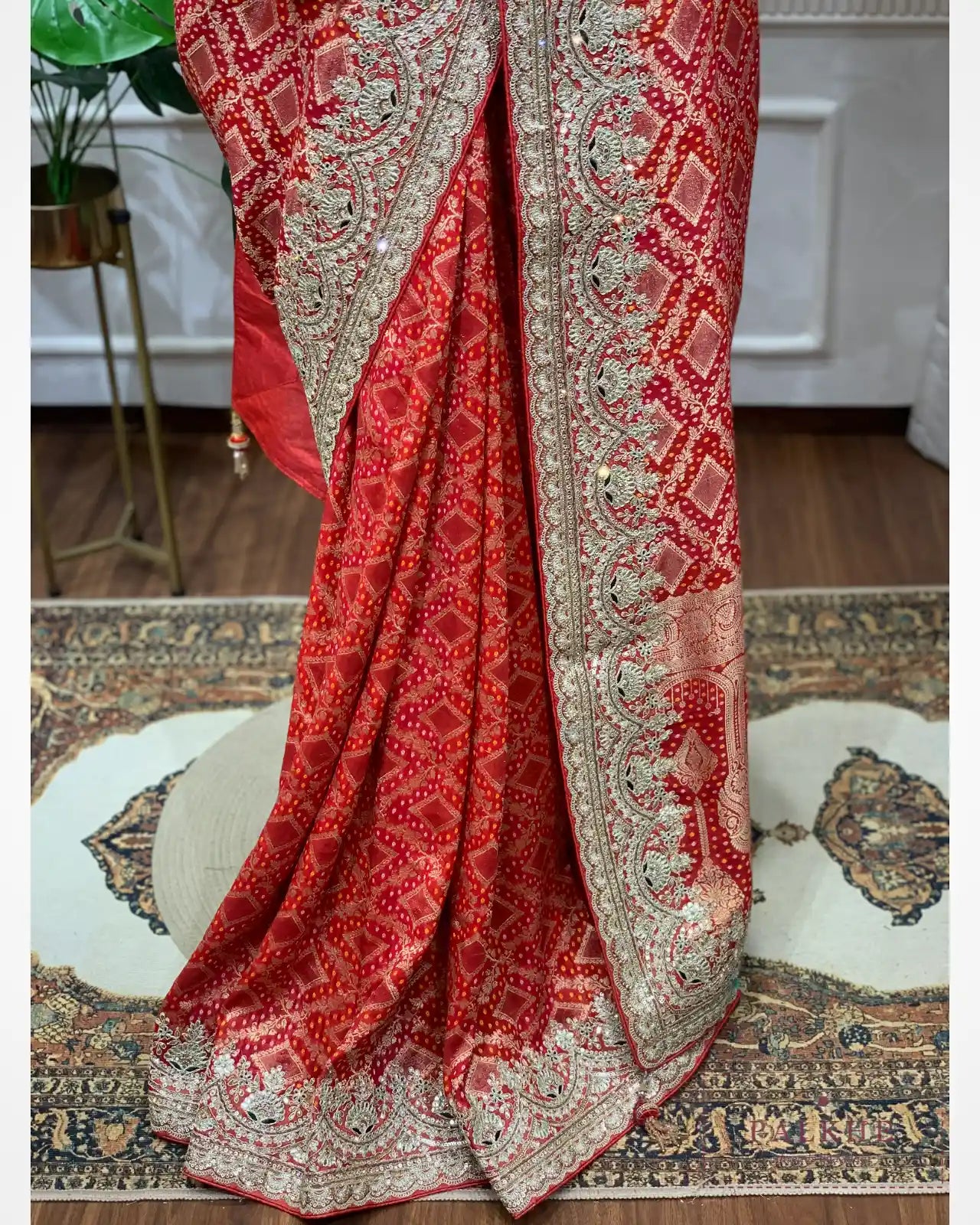 Red geometric Georgette Bandhej x Hand Embroidery