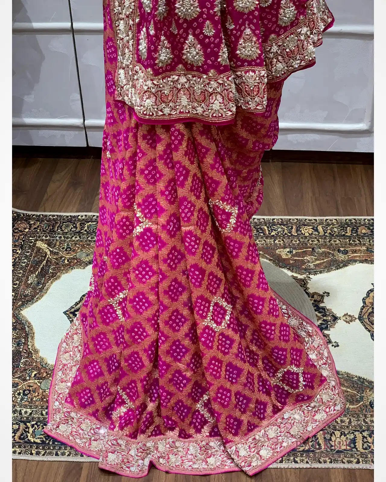 Pink Pure Georgette Bandhej x Hand Embroidery