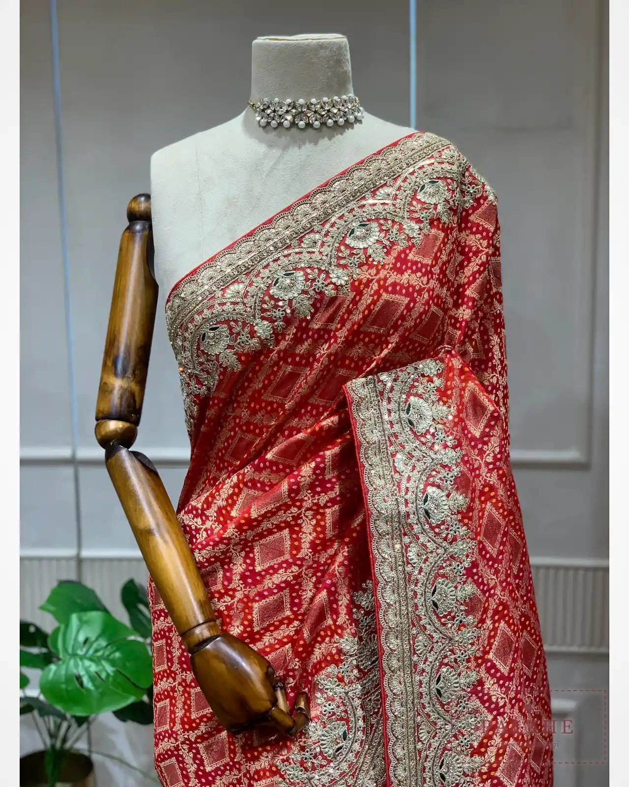 Red geometric Georgette Bandhej x Hand Embroidery
