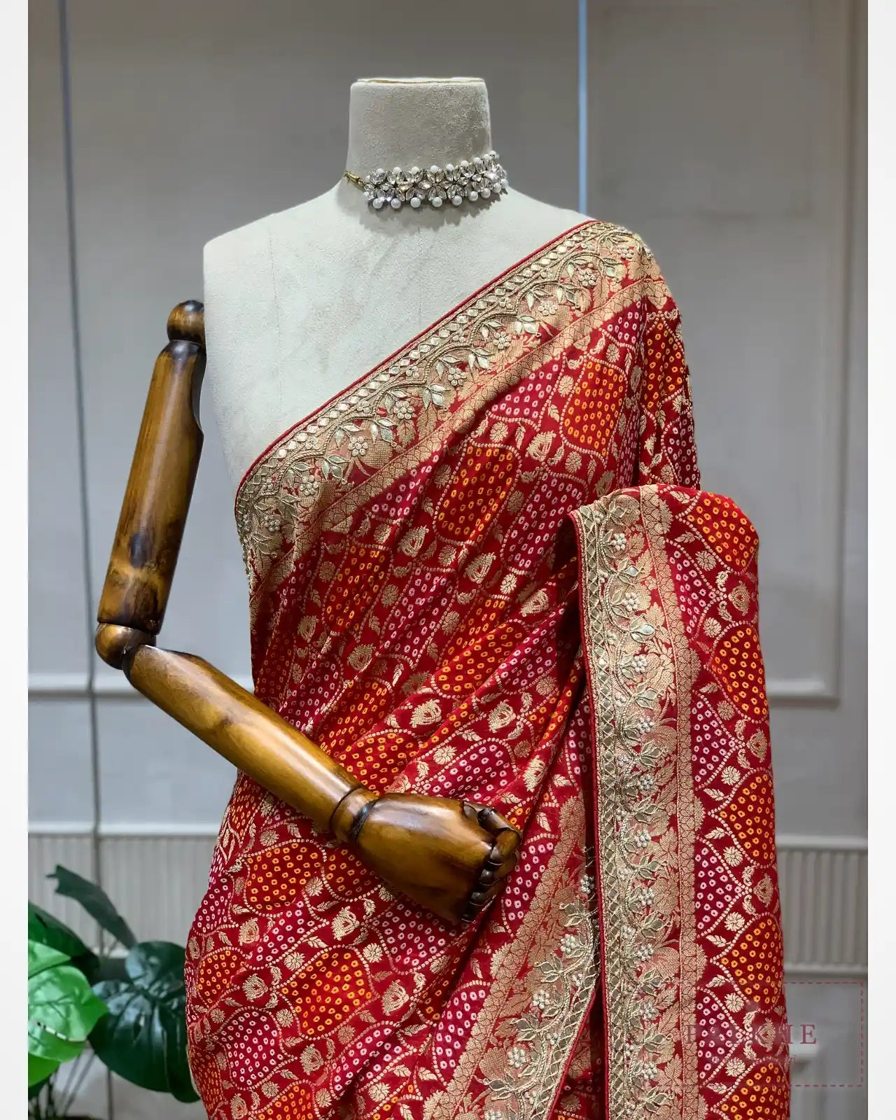 Pink Georgette Bandhej x Hand Embroidery