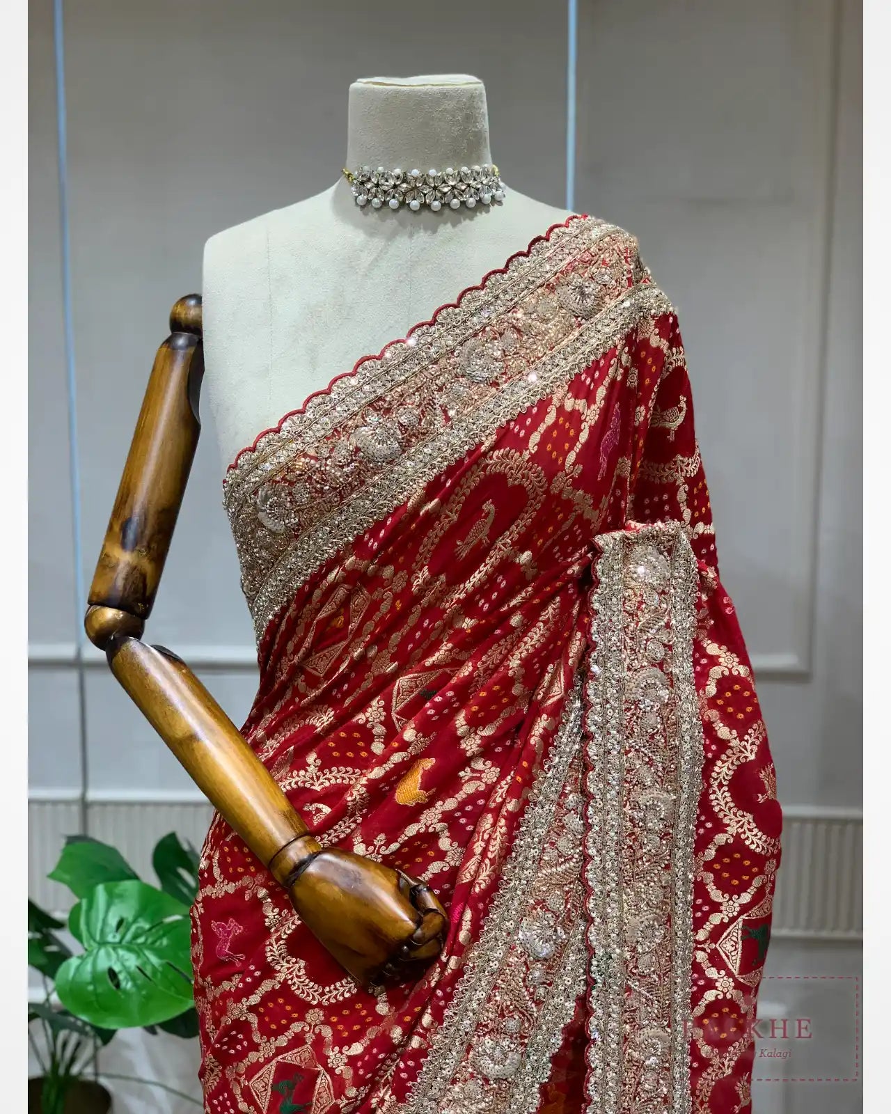 Red Animal Motifs Georgette Bandhej x Hand Embroidery