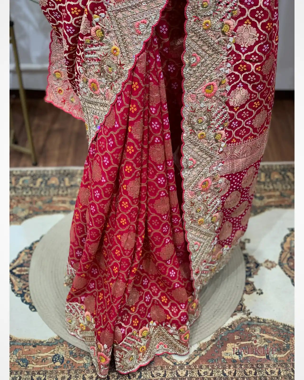 Rani Pink Georgette Bandhej x Hand Embroidery