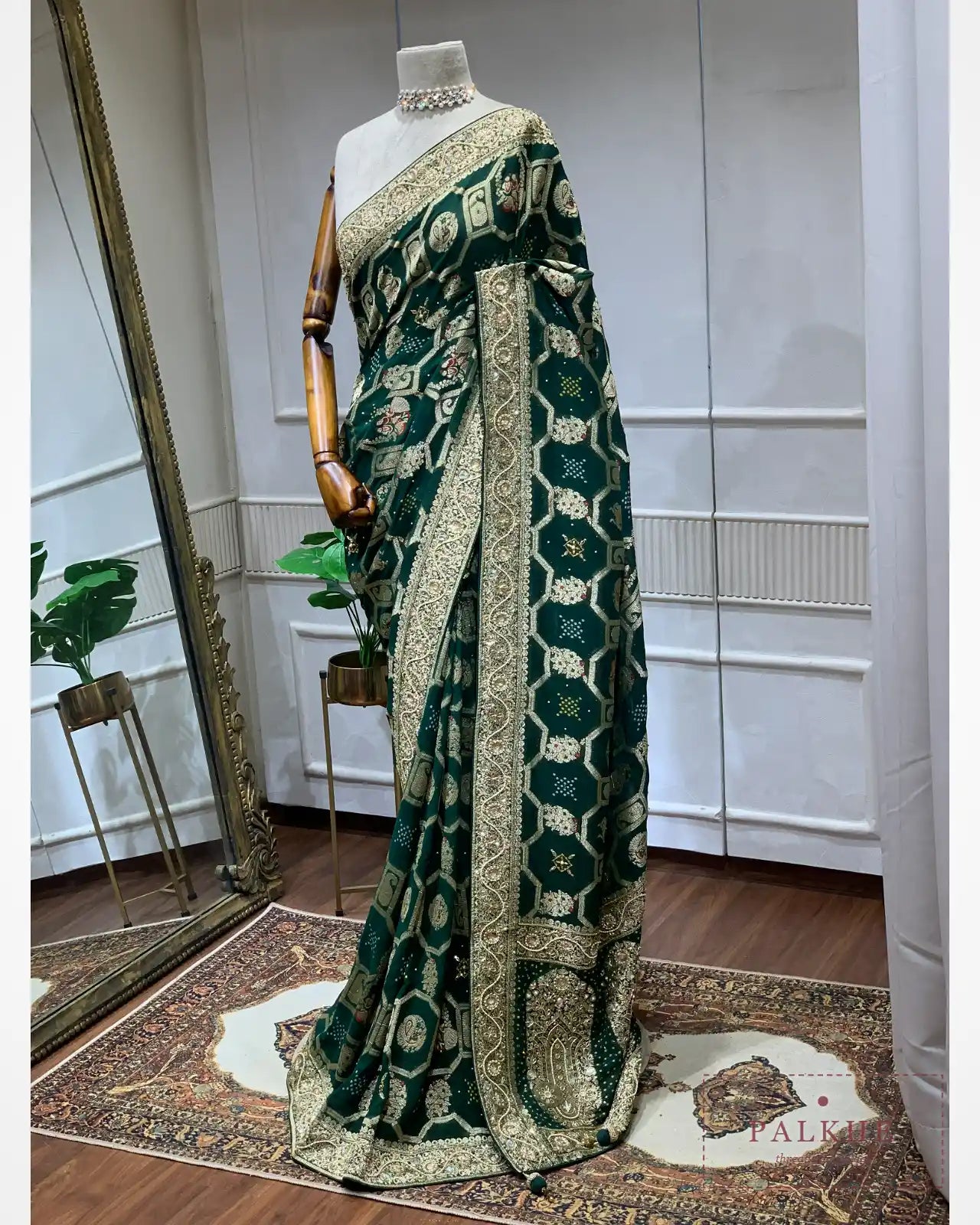 Bottle Green Georgette Bandhej x Hand Embroidery