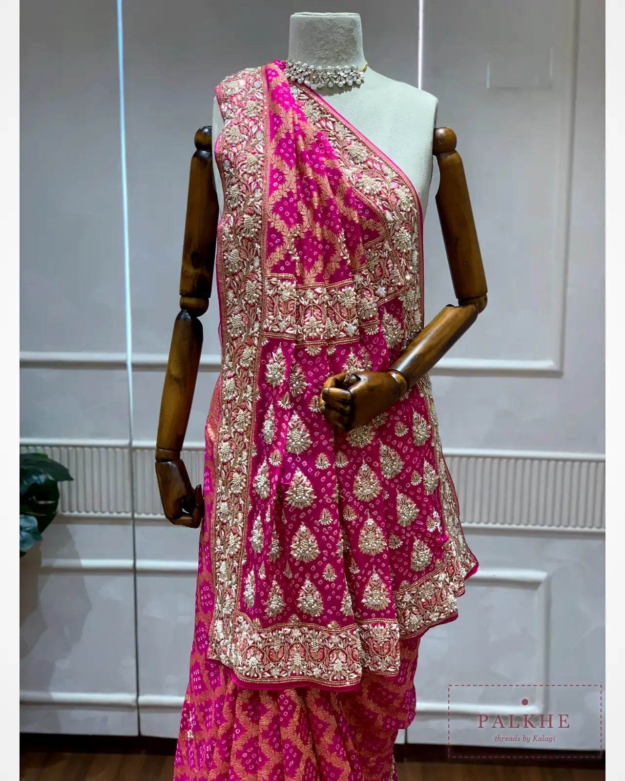 Pink Pure Georgette Bandhej x Hand Embroidery