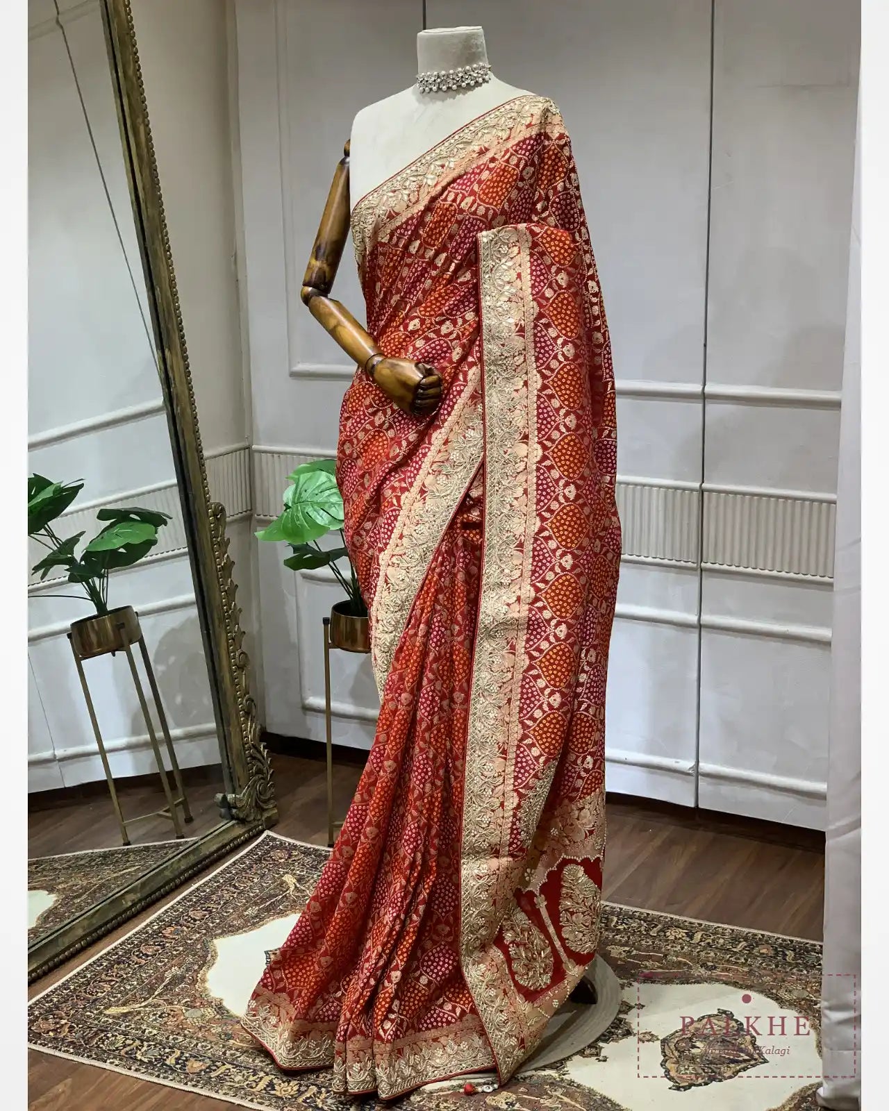 Pink Georgette Bandhej x Hand Embroidery