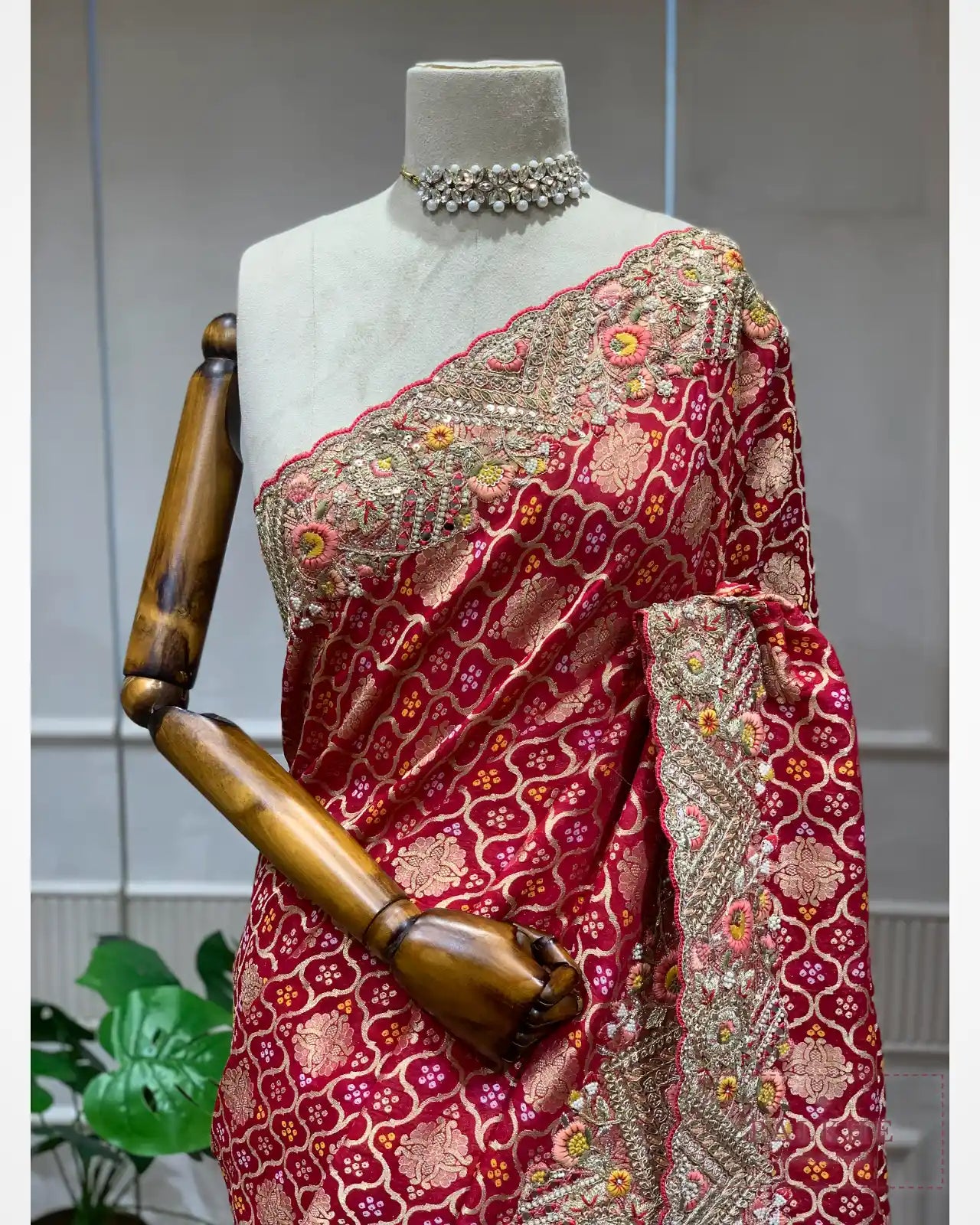 Rani Pink Georgette Bandhej x Hand Embroidery