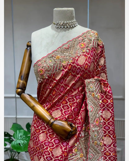 Rani Pink Georgette Bandhej x Hand Embroidery