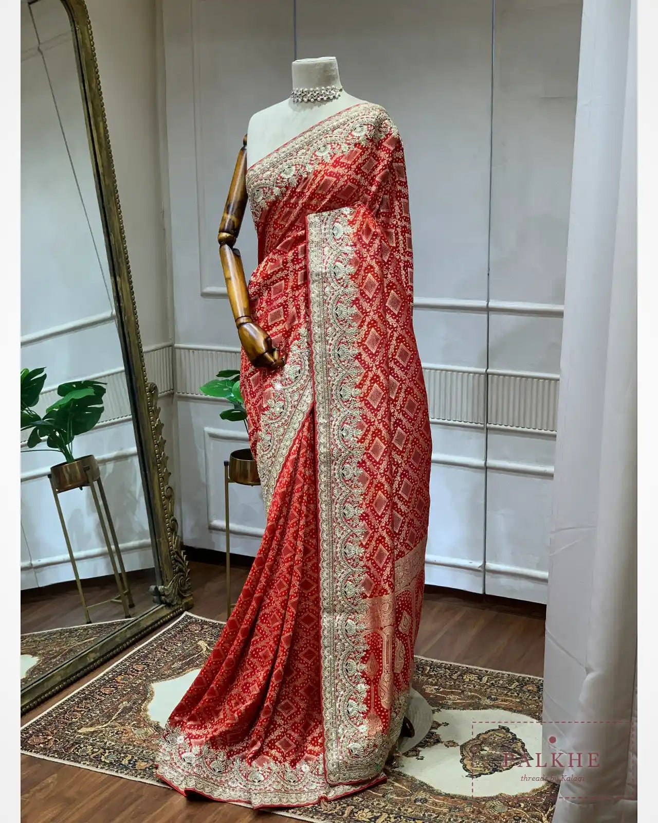 Red geometric Georgette Bandhej x Hand Embroidery