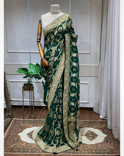 Bottle Green Georgette Bandhej x Hand Embroidery