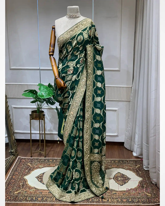 Bottle Green Georgette Bandhej x Hand Embroidery