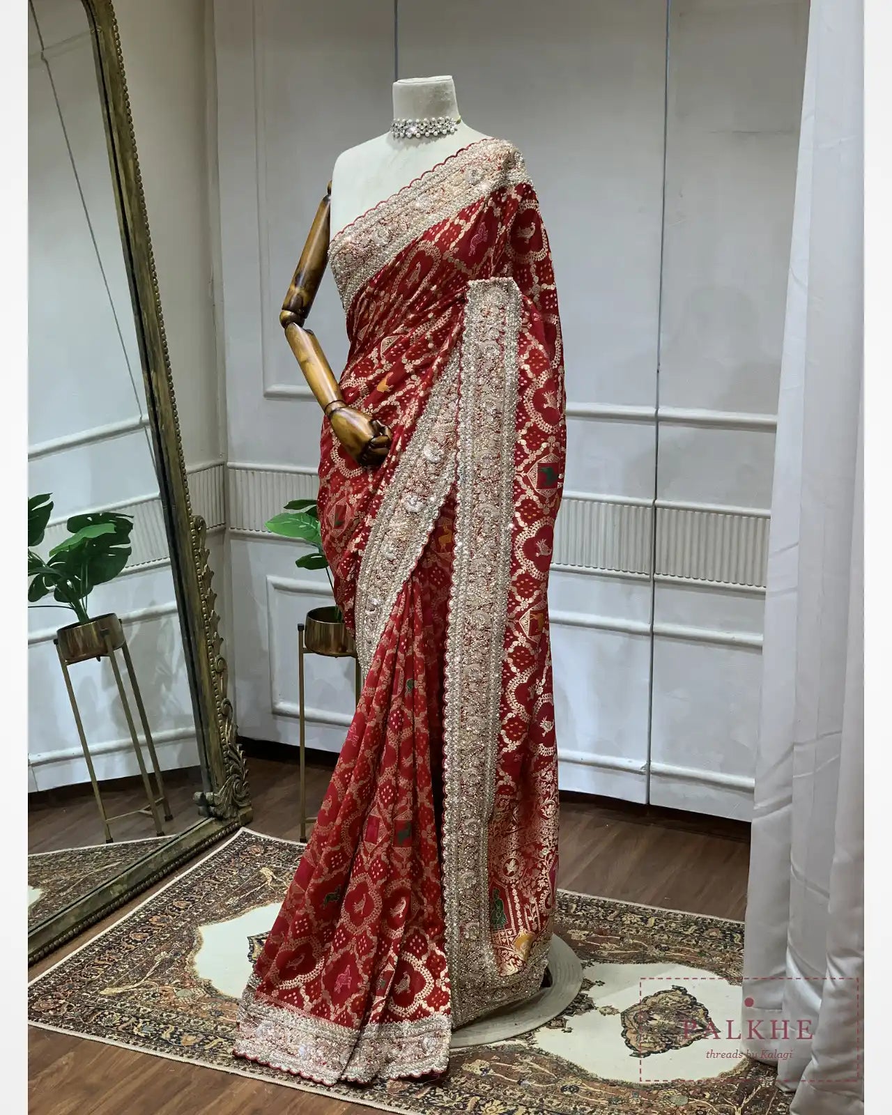 Red Animal Motifs Georgette Bandhej x Hand Embroidery