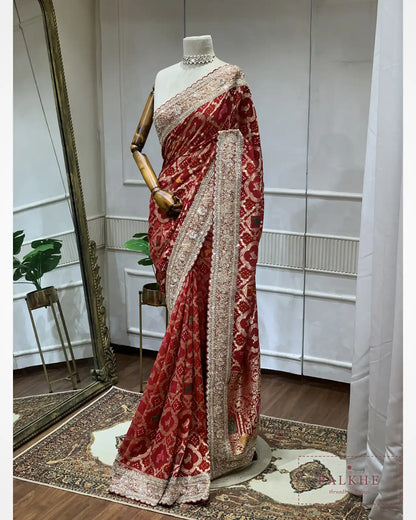 Red Animal Motifs Georgette Bandhej x Hand Embroidery
