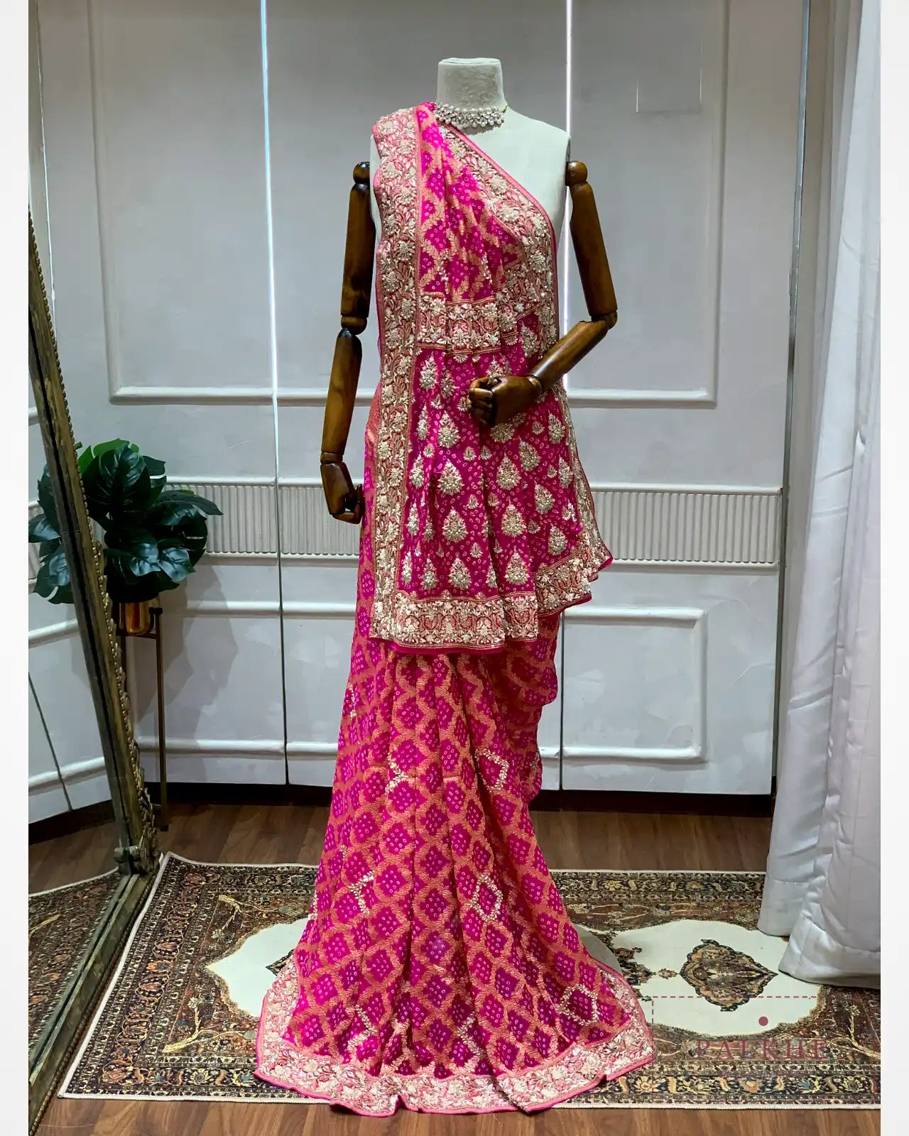 Pink Pure Georgette Bandhej x Hand Embroidery