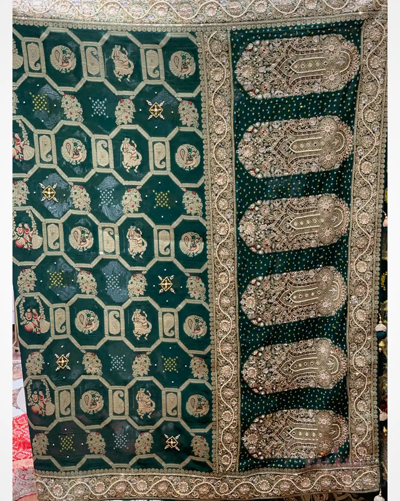 Bottle Green Georgette Bandhej x Hand Embroidery