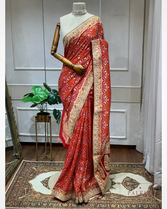 Pink Georgette Bandhej x Hand Embroidery