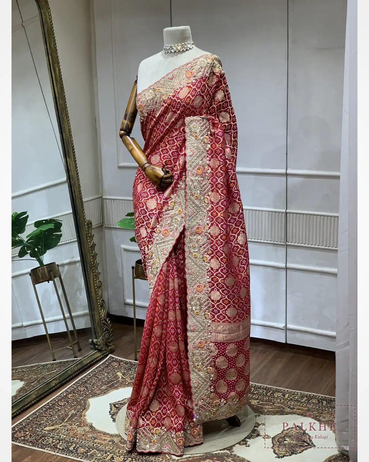 Rani Pink Georgette Bandhej x Hand Embroidery