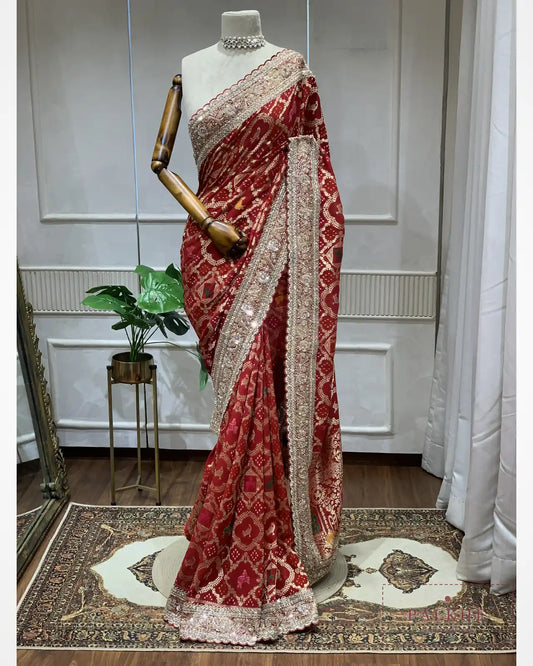 Red Animal Motifs Georgette Bandhej x Hand Embroidery